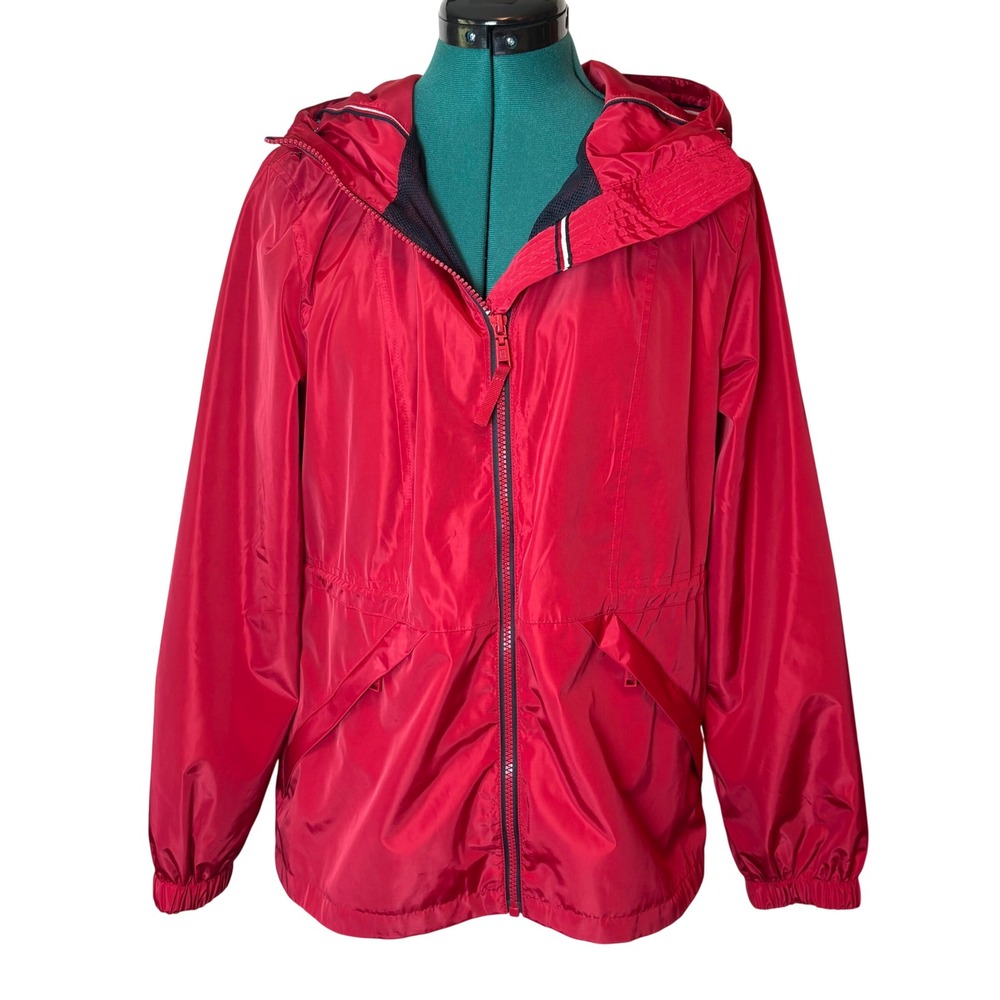 Tommy Hilfiger Hooded Windbreaker Jacket Red Womens Size S Full Zip Mesh‎ Lined